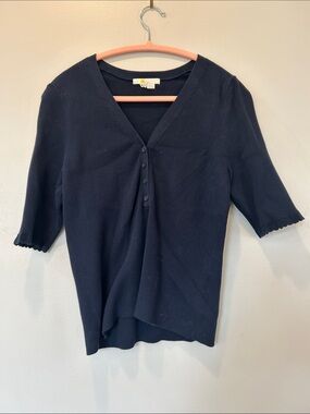 Boden Navy Blue Ribbed V-Neck Short Sleeve Button Top